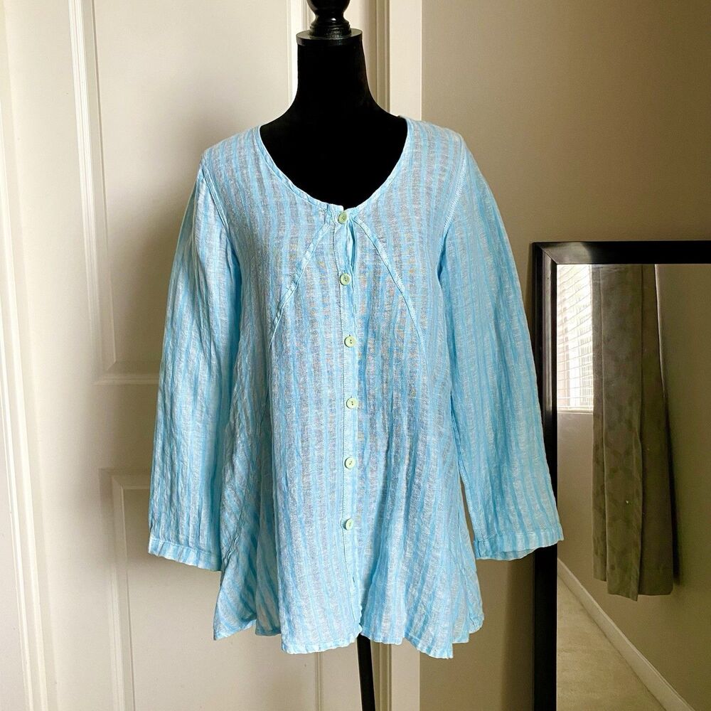 Flax Light Blue Striped Button Linen Oversized Long Sleeve Blouse Size P (XS)